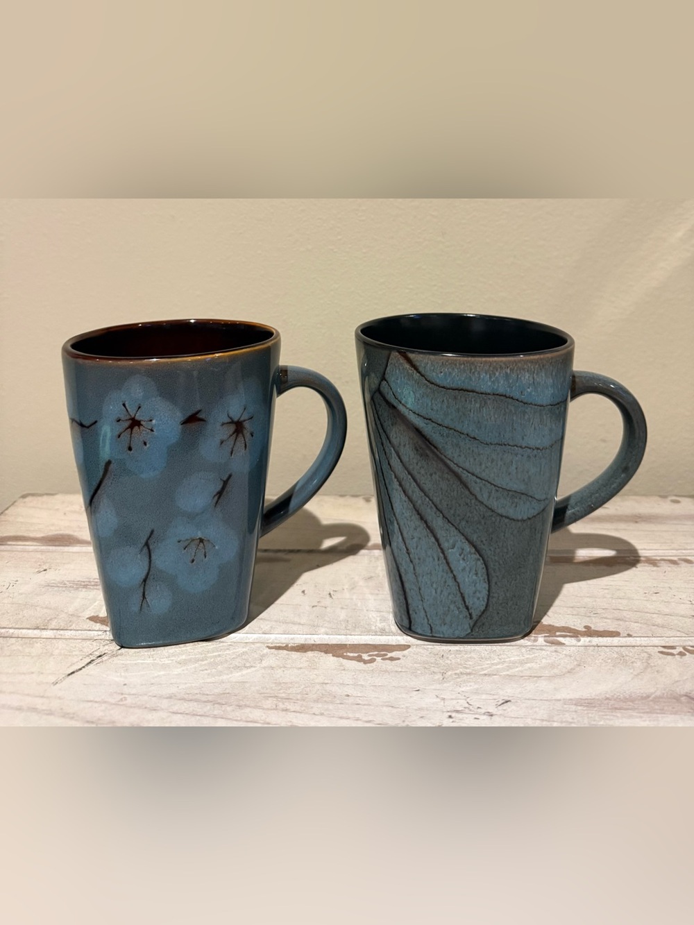 Pier 1 Tranquil Blue Reactive Glaze Mugs - Set of 2 Boho Zen Stoneware